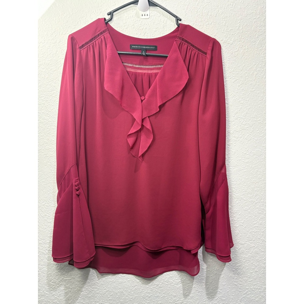 White House Black Market Women Burgundy Bell Sleeve Ruffle Blouse Top Size 2 - Picture 7 of 7